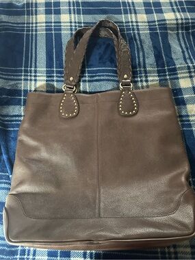 Anne Taylor Loft  Brown Leather Tote Bag with Braided Handles